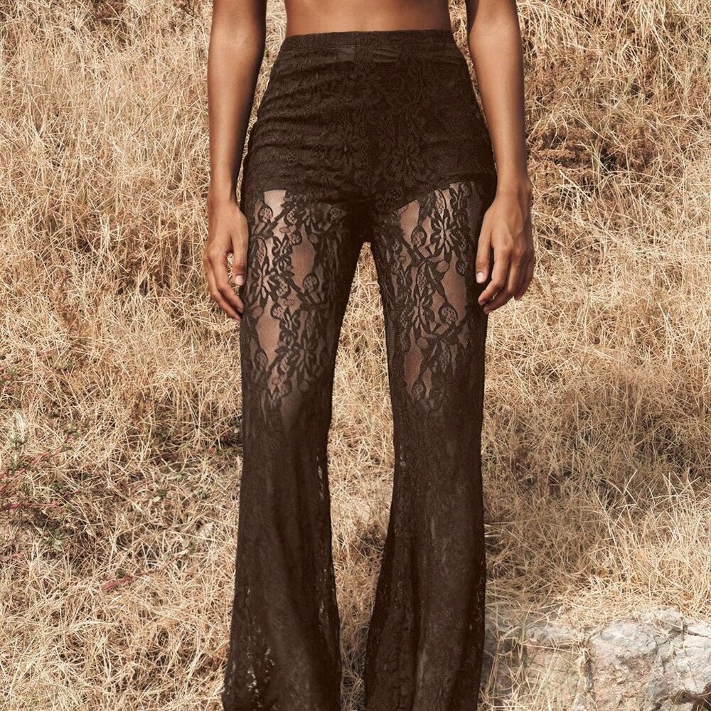 Coffee Brown Sexy Women's High Waist Flare Lace Pants - Picture 2 of 6